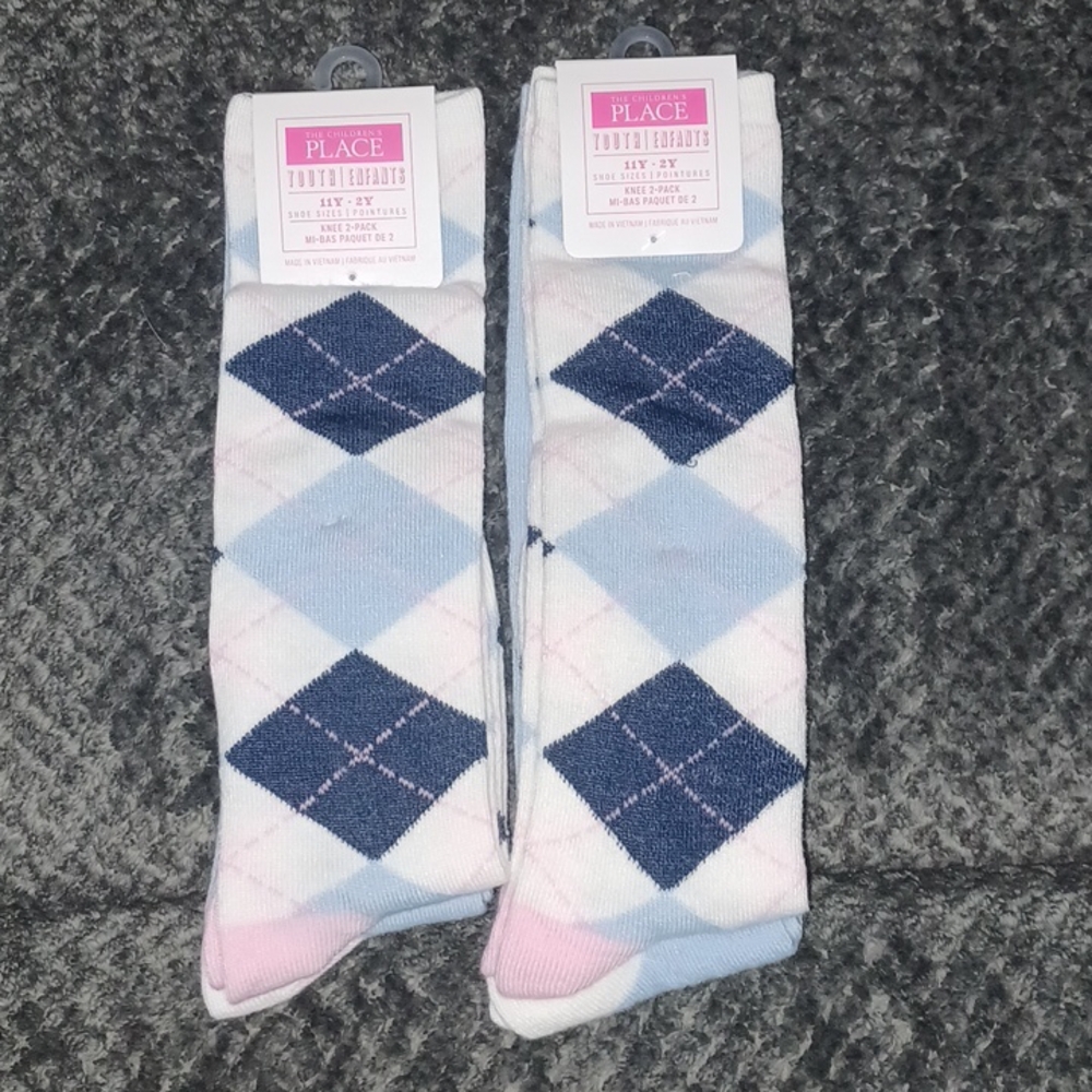 2 New The Children's Place 2-Pack Girls Argyle Knee Socks 11-2 Youth